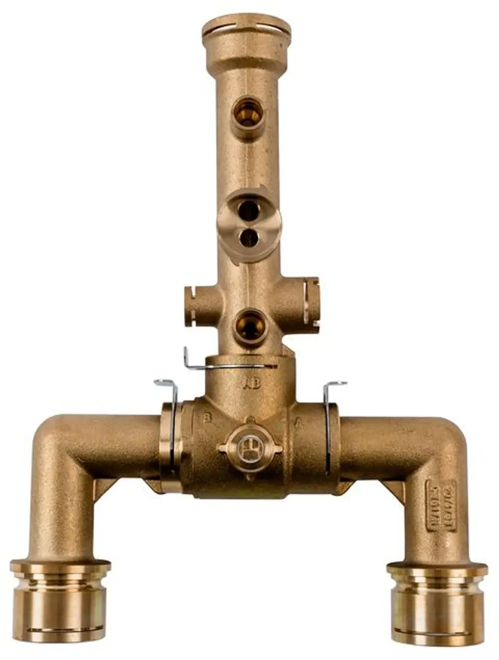 Hydroblock von Wolf mit mehreren Anschlussstellen und einer zentralen Regelungseinheit. Konstruktion aus Metall mit spezifischen Befestigungselementen.
